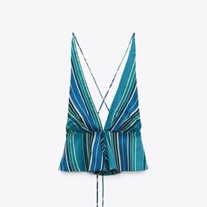 NWT Zara Linen Blend V-neck Sleeveless Striped Pattern Blouse Top Size Medium